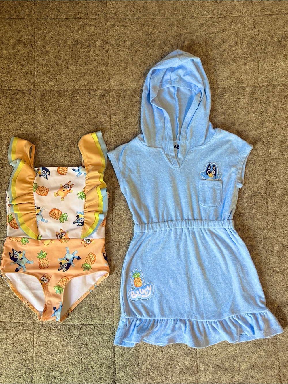 Girls 6/7 Bluey Bathing Suit with Hooded Terry Cloth One-Piece Cover-Up Dress.